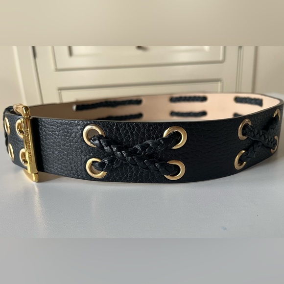 Michael Kors black leather belt w/ gold grommets & cord detail. Like new. Sz M - Picture 2 of 7